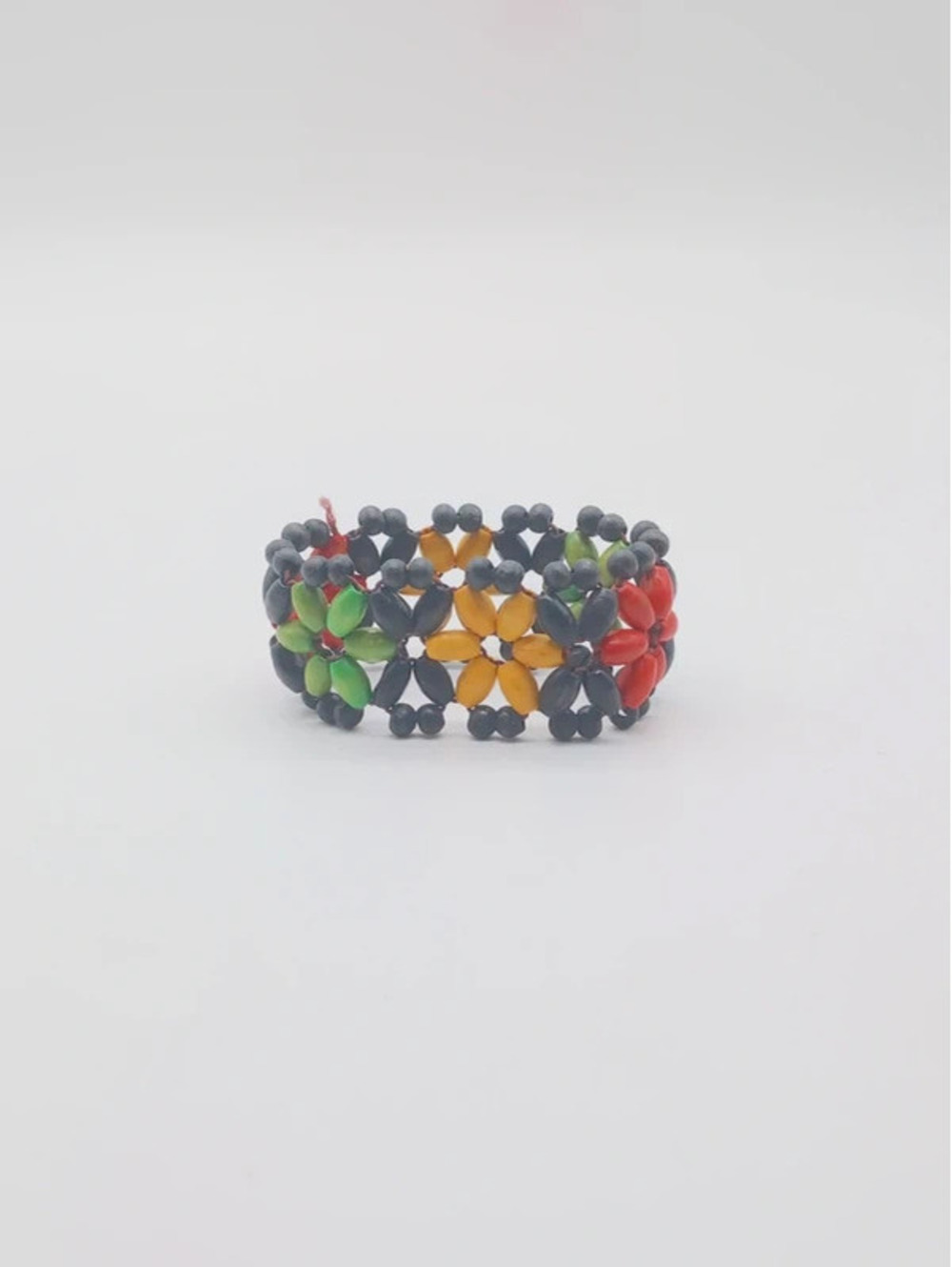VTG Beaded Flower Cuff Bracelet Pan African Rasta Seed Beads